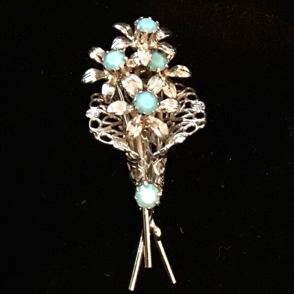 vintage Bouquet Pin Brooch Pin LongStems/Sliver Petals//Turquoise  Blue - Picture 1 of 8